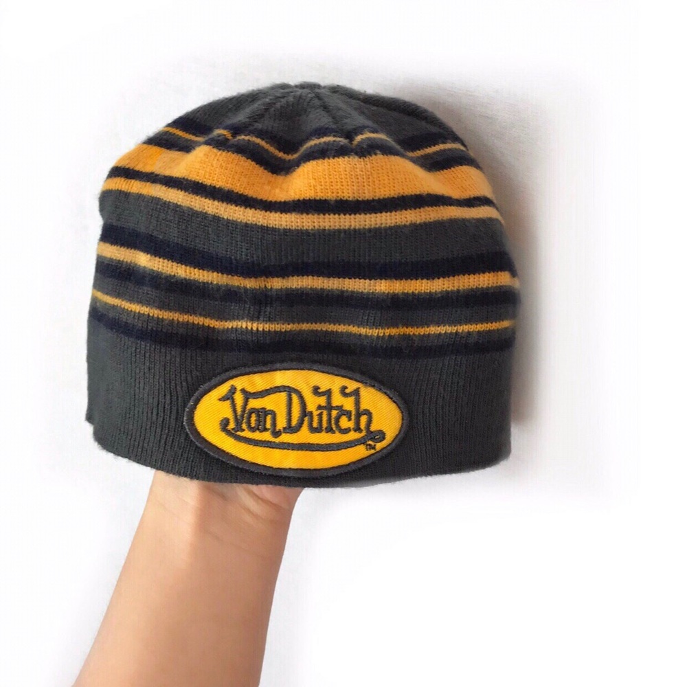 Yellow grey & black stripped Von Dutch beanie hat